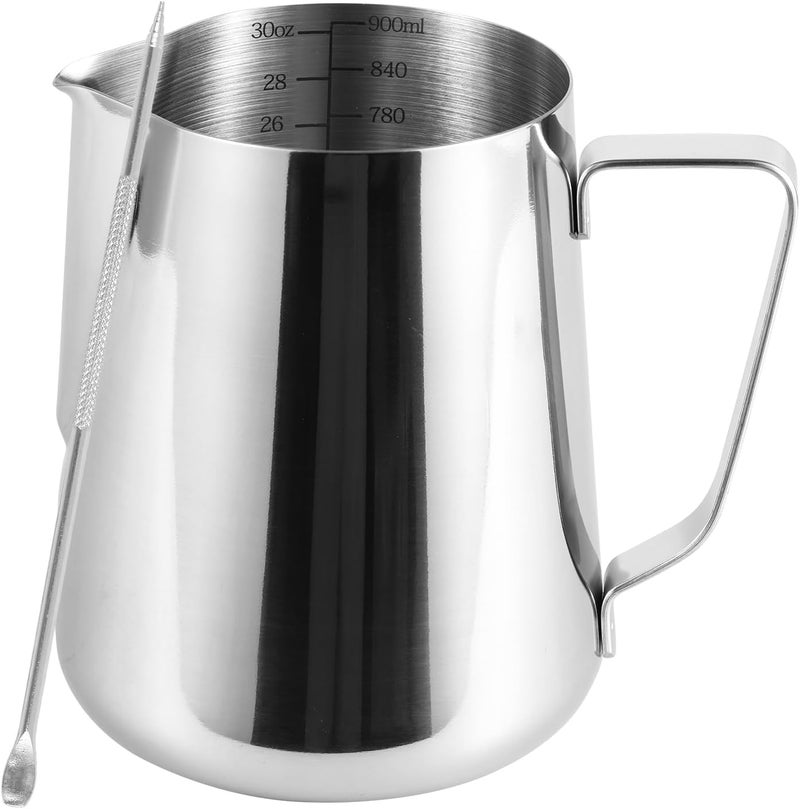 TMWEFUSC 900ml Stainless Steel Milk Frothing Pitcher with Measurement Marks, 32oz Steaming Pitcher for Coffee, Cappuccino, Latte Art Milk Jug Cup for Home & Professional Use (1) - Image 1